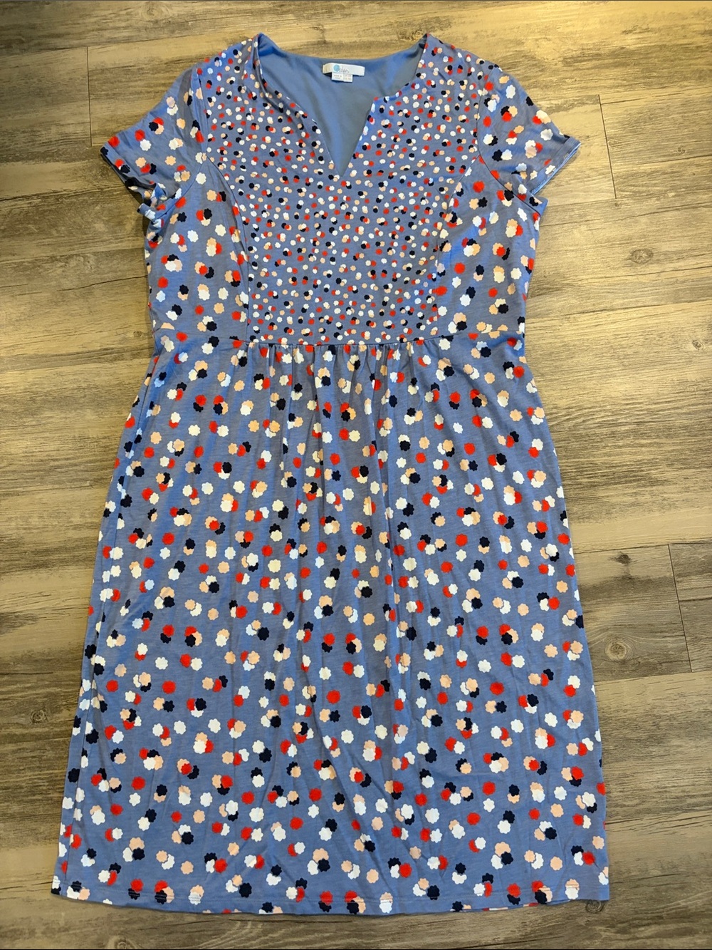 Boden Blue Short-Sleeve Floral Dot Dress with Red, Navy & Cream Accents